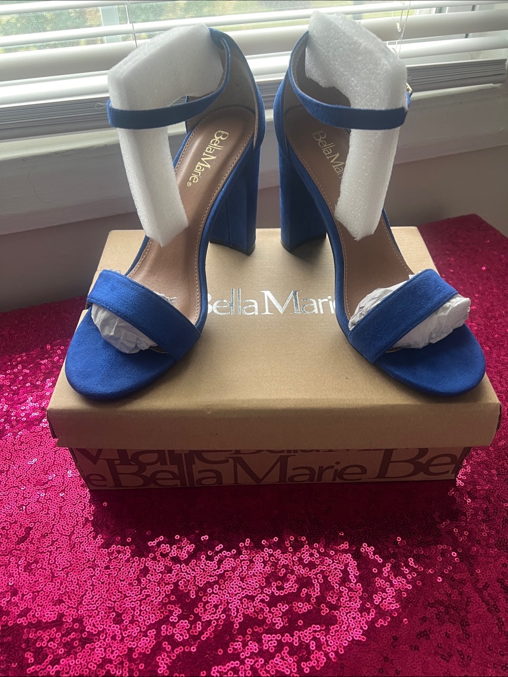 Bella Marie Cobalt Blue Suede Block Heel Sandals with Ankle Strap